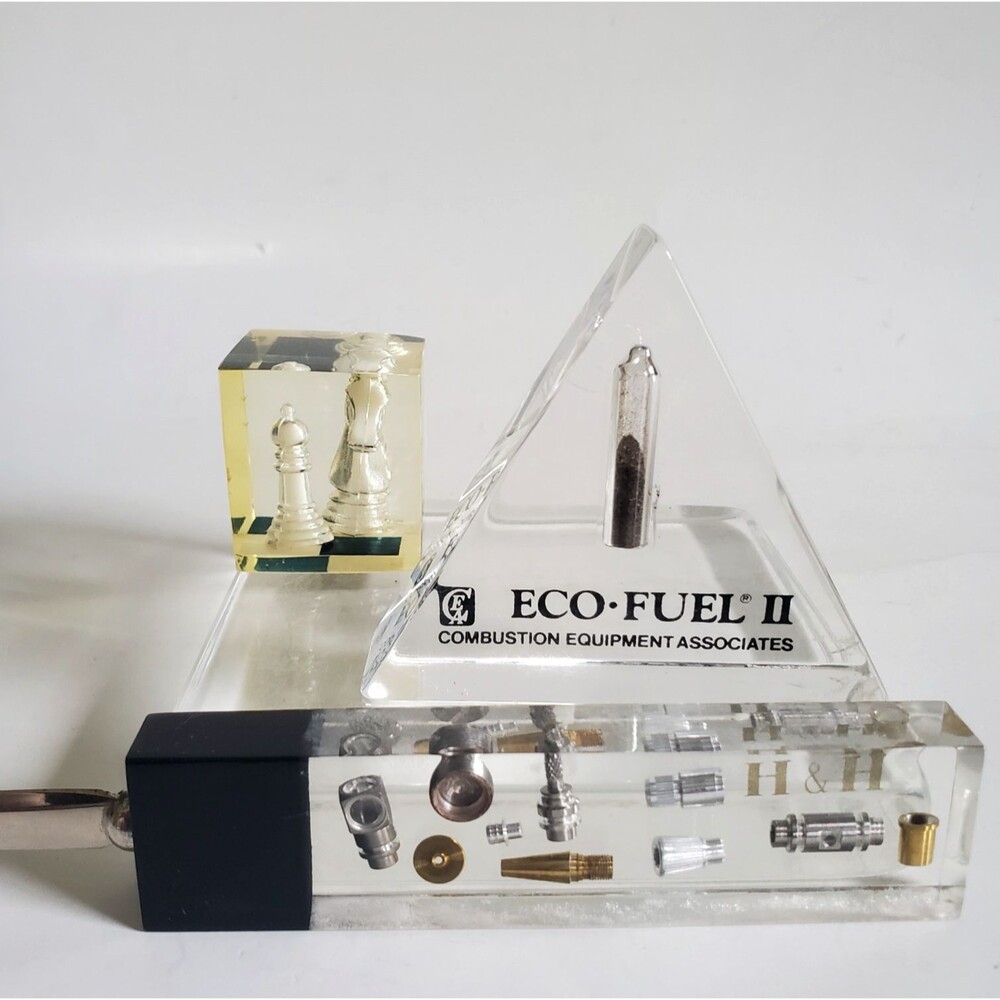 Vtg Acrylic Lucite Steampunk Letter Opener/Chess Piece Paperweight/Fuel Desk Art